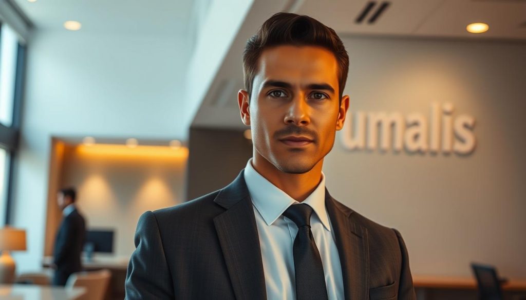 Valeur: a striking portrait of a confident, well-dressed professional, standing tall with an air of expertise and purpose. In the foreground, the subject's gaze commands attention, conveying a sense of authority and competence. The middle ground features a sleek, minimalist office environment, hinting at the subject's high-caliber skills and value proposition. In the background, the Umalis Group logo subtly signals the subject's affiliation with this esteemed organization. Warm, directional lighting from the left side sculpts the subject's features, creating a sense of depth and dimension. The overall mood is one of professionalism, expertise, and the ability to effectively negotiate and advocate for one's worth.