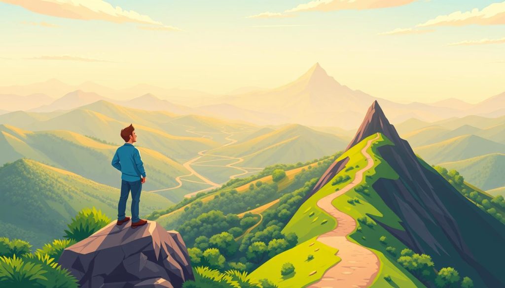 Vibrant landscape showcasing a professional's career growth journey. In the foreground, a person stands atop a steep path, gazing confidently towards a towering mountain peak symbolizing their aspirations. Surrounding them, lush greenery and a winding trail represent the challenges and opportunities along the way. In the middle ground, a branching network of paths diverges, hinting at the various routes for advancement. The background features a breathtaking vista of rolling hills, a clear sky, and a warm, golden-hour lighting that casts a sense of hope and achievement. The overall scene evokes a feeling of determination, perseverance, and the exhilaration of professional growth.