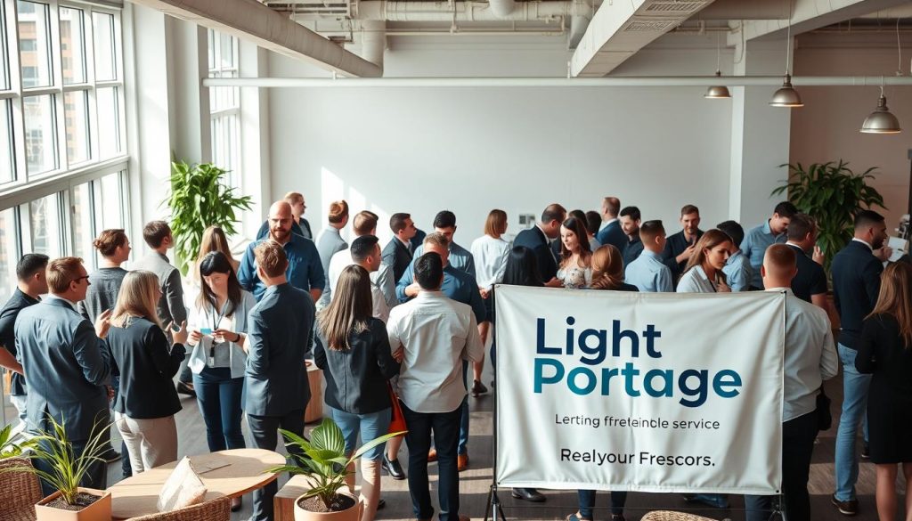 Vibrant professional networking event in an airy, modern coworking space. Clusters of well-dressed individuals engaged in animated discussions, exchanging business cards and ideas. Soft lighting filters through large windows, casting a warm glow over the scene. In the foreground, a "Light Portage" branded banner hangs prominently, promoting the freelance service. Tasteful decor, potted plants, and sleek furniture create an inviting, productive atmosphere. Capturing the energy and collaboration of dynamic freelance professionals expanding their networks.
