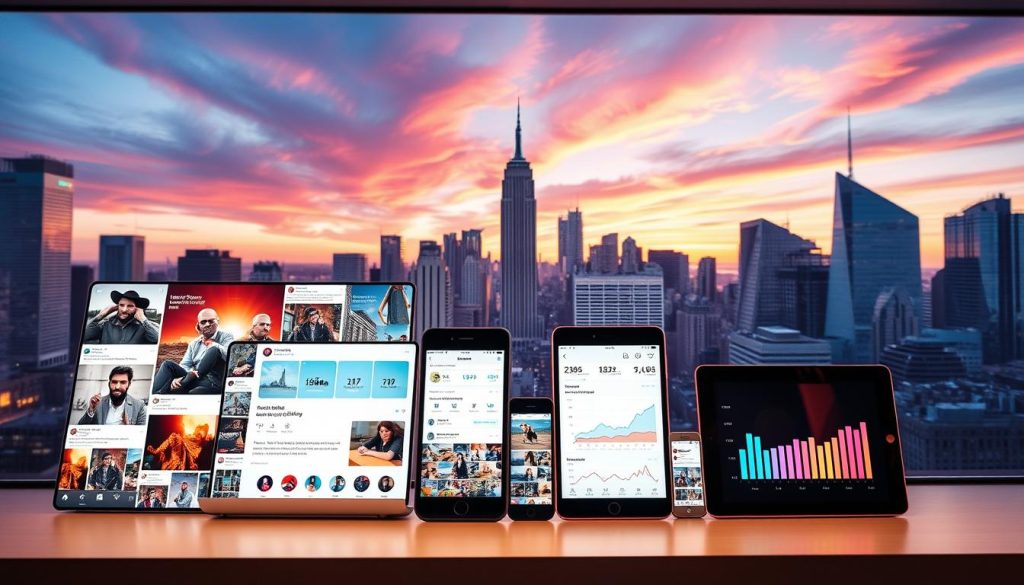 Vibrant social media campaign design, showcasing a dynamic blend of organic and paid strategies. In the foreground, a collage of interactive social media content - eye-catching visuals, engaging captions, and subtle LIGHT PORTAGE branding. The middle ground features various devices, from smartphones to tablets, displaying real-time analytics and campaign performance metrics. In the background, a cityscape backdrop with skyscrapers and a vibrant sky, symbolizing the scalable, far-reaching impact of the social media campaigns. Soft, warm lighting casts a professional, modern atmosphere, while a wide-angle lens captures the comprehensive, integrated nature of the social media marketing approach.