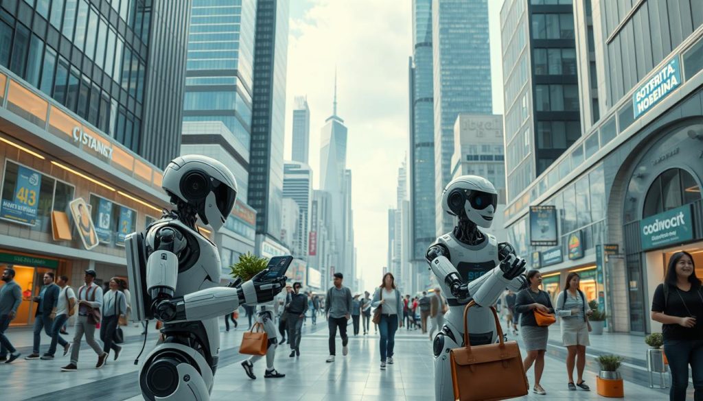 Vision futuriste d'une ville où humains et robots humanoïdes coexistent harmonieusement