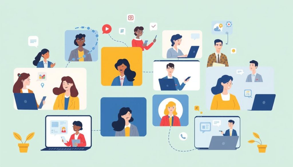 Visual representation of professionals connecting on various online platforms.