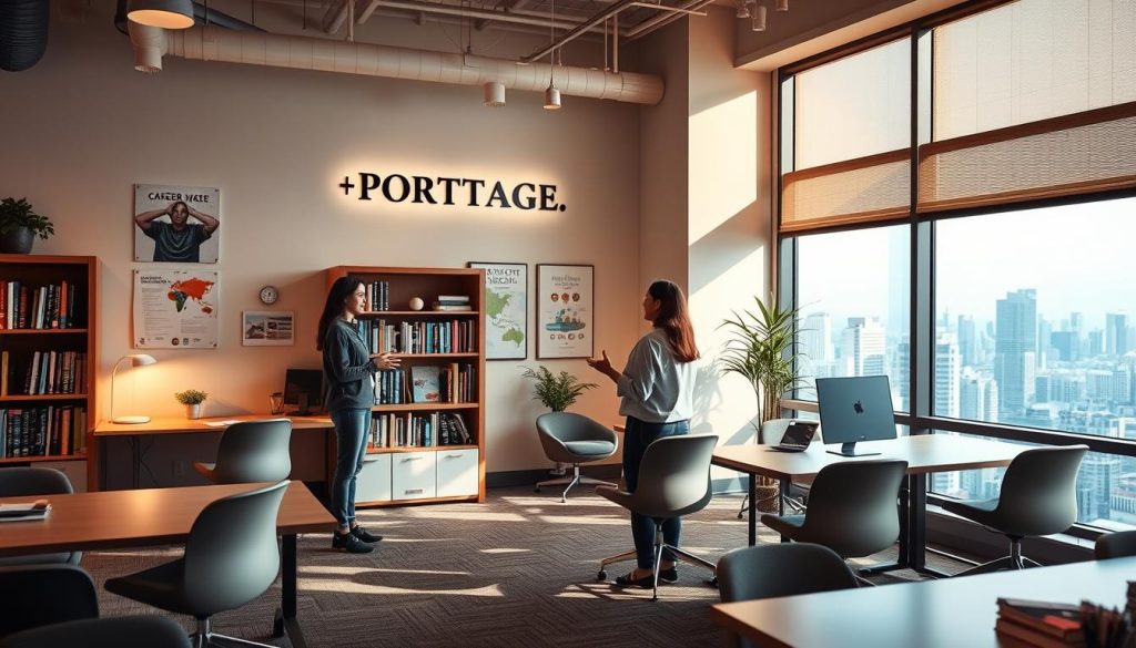 Warm and welcoming advisory office with a large window overlooking a bustling city skyline. Modular desks and comfortable chairs arranged in an inviting layout. Walls adorned with inspirational posters and a prominent "LIGHT PORTAGE" brand sign. Bookshelf filled with career guides and resource materials. Soft, natural lighting illuminates the space, creating a tranquil and focused atmosphere. In the foreground, a career counselor gestures while speaking to a young professional, guiding them through their next steps. This image conveys the idea of knowledgeable advisors and abundant resources to support one's independent career journey.