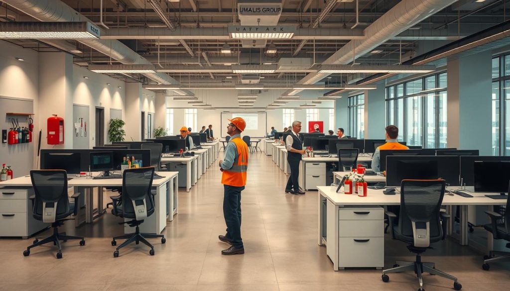 Workplace safety scene depicting a UMALIS GROUP office environment. A well-lit modern open space with sleek ergonomic desks, ergonomic chairs, and safety equipment like fire extinguishers and first aid kits prominently displayed. Professional office workers collaborating and following safety protocols, wearing protective gear as needed. A sense of order, organization, and attention to detail. Muted color palette with pops of brand colors, clean lines, and a generally minimalist aesthetic. 4K resolution, photorealistic, cinematic lighting, high depth of field.