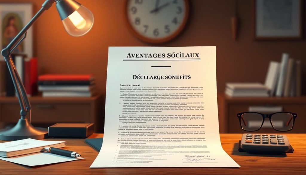 a detailed and realistic document titled "Déclaration des Avantages Sociaux" (Employee Benefits Declaration) with a formal layout and official letterhead, displayed on a wooden desk with a pen, calculator, and glasses nearby, under warm studio lighting with a shallow depth of field, creating a professional and authoritative atmosphere