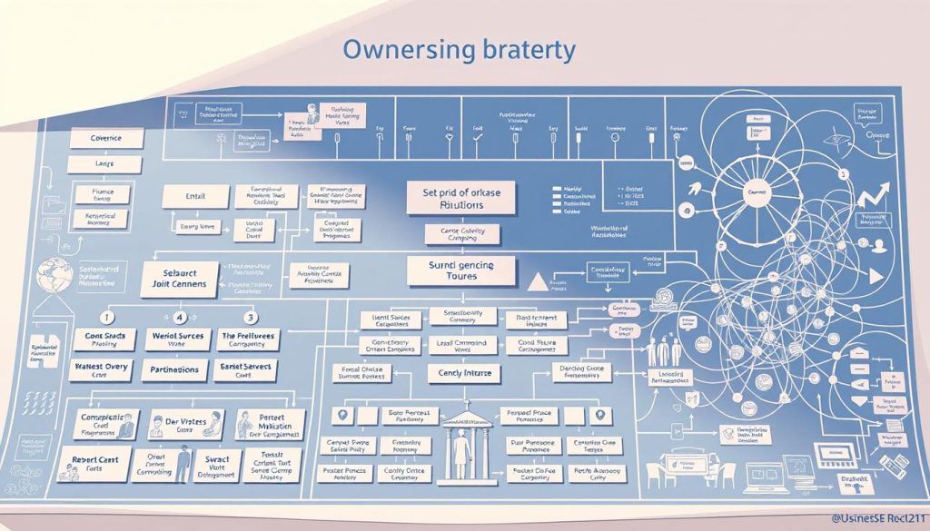 a detailed blueprint schematic of a robust business ownership structure, showcasing a comprehensive organizational hierarchy and clearly defined roles and responsibilities. The foreground displays a centralized corporate board of directors overseeing key operational divisions like finance, marketing, and research & development. The middle ground features a network of subsidiary companies, joint ventures, and strategic partnerships, all interconnected and contributing to the overall enterprise. In the background, a complex web of shareholder, investor, and stakeholder relationships is visible, highlighting the intricate web of interests that must be carefully managed within a successful business ownership model. The scene is illuminated by a soft, warm lighting that conveys a sense of stability, professionalism, and long-term sustainability. The overall composition emphasizes the importance of a well-designed ownership structure in protecting business interests and ensuring the continued growth and prosperity