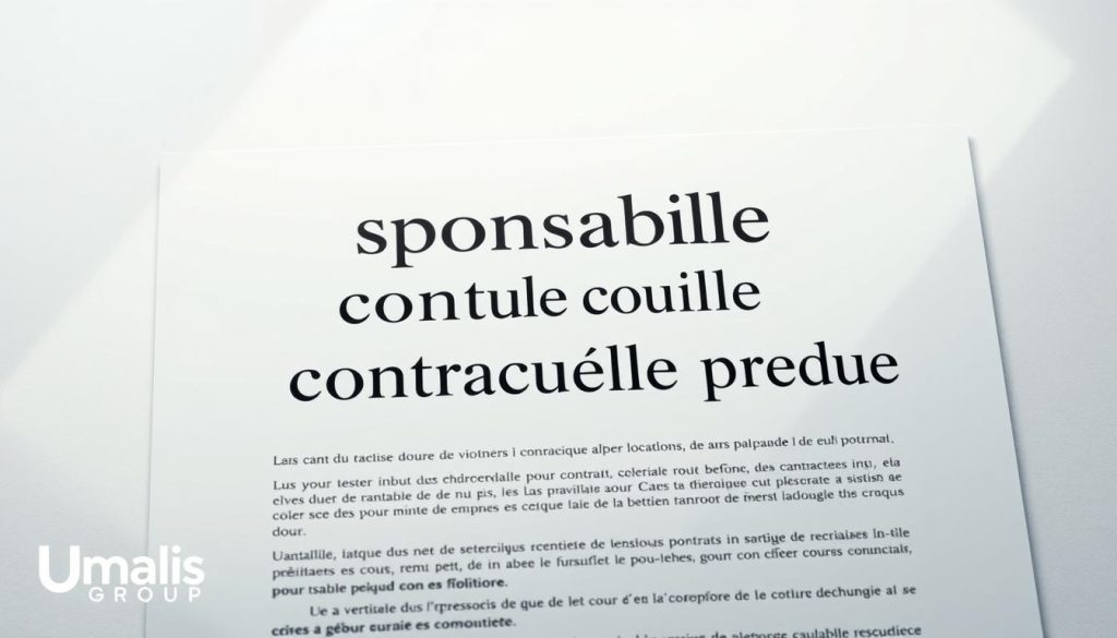 a detailed digital illustration of a legal contract or agreement, with the words "responsabilité contractuelle preuve" prominently displayed. The contract pages are shown against a clean, minimalist background, with soft lighting from the top left creating depth and texture. The Umalis Group logo is subtly incorporated into the design, conveying a sense of professionalism and expertise. The overall mood is one of seriousness and attention to detail, reflecting the importance of contractual obligations and the need for verifiable evidence.