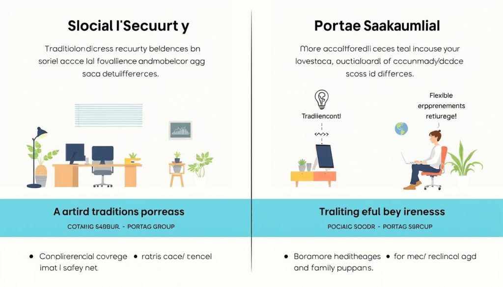 a detailed digital illustration of a side-by-side comparison of social security systems, depicting the key differences in coverage, benefits, and access between a traditional employment model and the Umalis Group's Portage Salarial approach. The scene shows two adjacent workspaces, one representing a conventional office setting and the other a more flexible, remote-friendly environment. Subtle visual cues highlight the contrasting social safety nets, with the Umalis Group's model showcasing more comprehensive healthcare, retirement, and family support programs. The image should convey a sense of balance, professionalism, and a thoughtful exploration of the nuances between these employment frameworks.