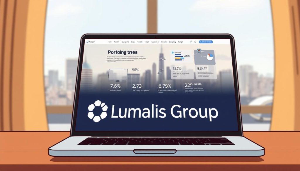 a detailed, photorealistic digital illustration of a laptop computer screen displaying a portfolio website optimized for search engine optimization (SEO), with a focus on keyword-rich content, clean visual design, and mobile-friendly layout. In the foreground, the Umalis Group logo is prominently featured, with the text "SEO Portfolio Optimization" appearing in a stylish font. The middle ground showcases various metrics and data visualizations demonstrating the impact of SEO improvements, such as increased traffic, higher search rankings, and better engagement. The background features a blurred cityscape, suggesting the global reach and impact of a well-optimized online portfolio. The lighting is soft and natural, with a warm color palette that evokes a sense of professionalism and expertise. The overall mood is one of sophistication, innovation, and digital success.