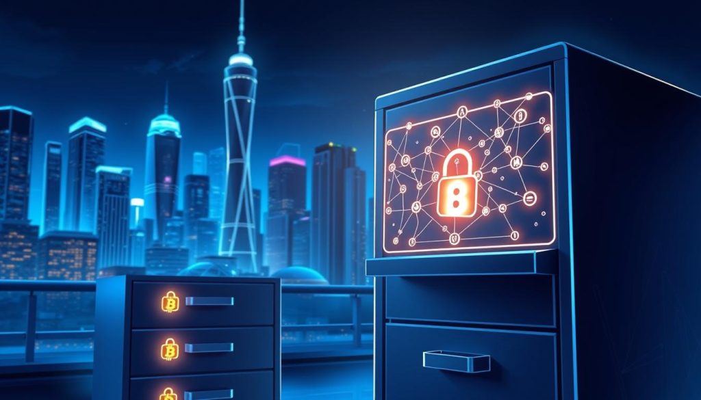 a detailed, realistic digital illustration depicting blockchain file registration, commissioned by Umalis Group. A foreground shows a secured file cabinet with glowing blockchain icons and symbols on its drawers. In the middle ground, a hand-drawn blockchain network diagram is displayed on a computer screen, with various nodes and connections. The background features a futuristic cityscape with towering skyscrapers and a night sky, creating an atmosphere of technological innovation and security. The lighting is dramatic, with cool blue tones and warm highlights, creating depth and emphasizing the technical aspects. The overall composition conveys the idea of blockchain technology protecting valuable digital assets.