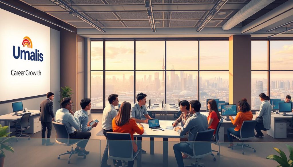 a detailed, realistic digital illustration of "career growth opportunities" depicting a modern office setting with a large Umalis Group logo prominently displayed on the wall. In the foreground, a group of diverse employees are engaged in animated discussions, gesturing and collaborating around a conference table. The middle ground showcases a panoramic view of the open-concept workspace, with various teams working at their desks and cubicles. The background features floor-to-ceiling windows overlooking a vibrant city skyline, conveying a sense of progress and opportunity. The scene is bathed in warm, directional lighting, creating a professional, yet inspirational atmosphere. The overall composition emphasizes the dynamic, collaborative nature of career growth within the Umalis Group.