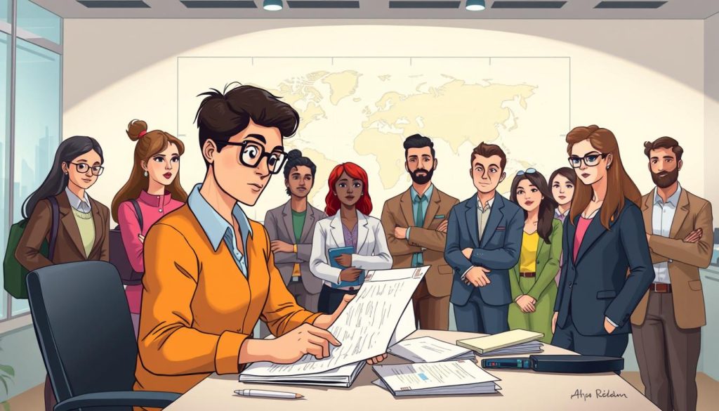 a detailed scene of an international job application process, with a diverse group of applicants from different nationalities and backgrounds gathered in a modern, well-lit office space. In the foreground, a person sitting at a desk reviews resumes and application materials, their expression one of thoughtful consideration. Behind them, a group of applicants wait patiently, each with a unique posture and demeanor that reflects their anticipation and nervousness. The middle ground features a large world map on the wall, underscoring the global nature of the job market. Soft, directional lighting casts a warm, professional atmosphere, and the overall composition conveys the complexity and gravity of the international application process.