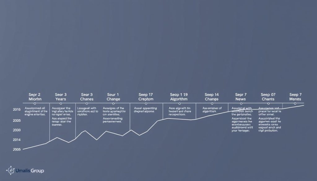 a detailed timeline illustrating the major algorithm changes over the years, presented with a sleek, modern design. The foreground features a stylized graph or chart depicting the key algorithm updates, with prominent milestones and dates. The middle ground showcases a series of abstract shapes and geometric patterns, representing the complex nature of search engine algorithms. In the background, a subtle, textured gradient provides a sophisticated, minimalist aesthetic. The overall composition is balanced and visually striking, conveying the importance and evolution of search engine algorithms. The Umalis Group brand name is subtly incorporated into the design, lending an air of authority and expertise.