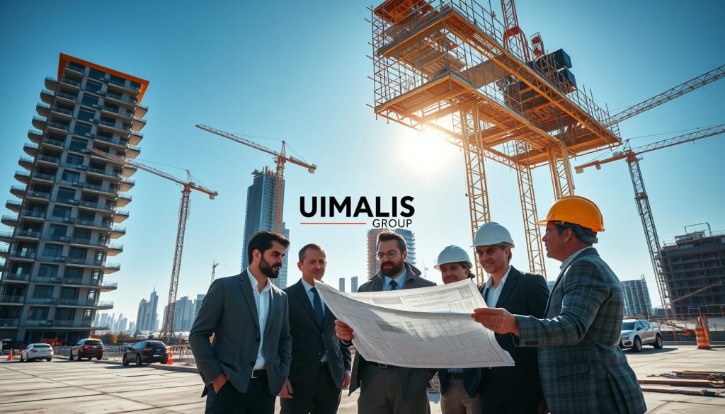 a dynamic construction site showcasing the engineering and technical professions in the building industry; in the foreground, a group of diverse professionals in business attire examining blueprints under bright, natural sunlight; in the middle ground, modern building structures in various stages of completion, cranes and scaffolding add depth; the background features a clear blue sky and distant city skyline, suggesting growth and innovation; the mood is collaborative and industrious, conveying a sense of progress and teamwork; lighting emphasizes clarity and sharpness, with a wide-angle perspective to capture the scale of the environment; brand name "UMALIS GROUP" subtly integrated into construction signage within the scene