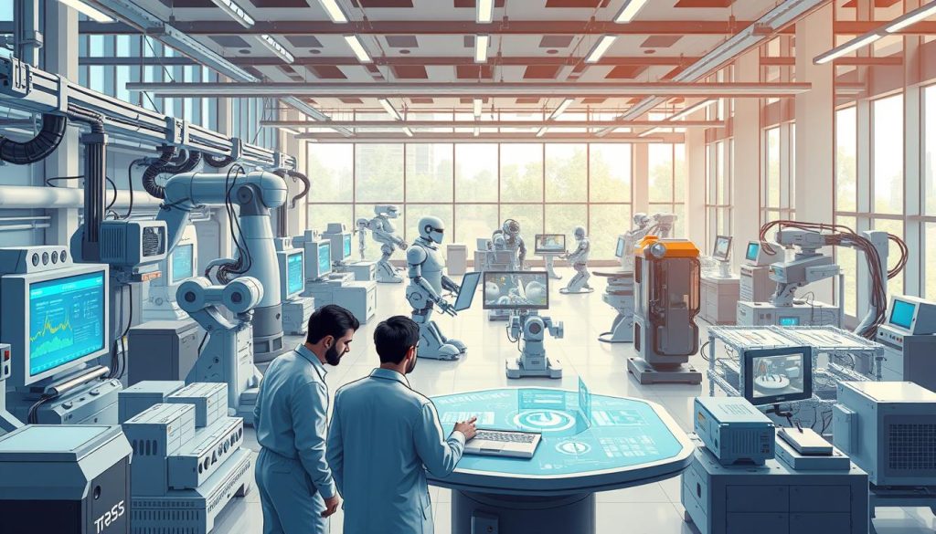 a highly detailed and photorealistic digital illustration of a technological innovation process, with a focus on advanced machinery, data visualization, and collaborative teamwork. in the foreground, a group of engineers and scientists working together around a large holographic display, analyzing complex data and schematics. the middle ground features an array of cutting-edge robotic systems, 3D printers, and other state-of-the-art equipment, all working in harmony to bring a new concept to life. the background showcases a sleek, futuristic research facility with floor-to-ceiling windows, filled with natural light and a sense of openness and progress. the overall mood is one of innovation, dynamism, and the boundless potential of human ingenuity combined with technological prowess.