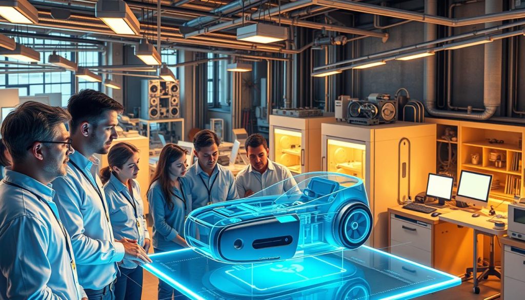 a highly detailed and photorealistic image of an innovative product development strategy, showcasing a team of engineers and designers collaborating on a new product concept. The foreground features a group of people gathered around a large, holographic display, examining a 3D model of a sleek, futuristic-looking device. The middle ground shows the team discussing and exchanging ideas, with a sense of dynamic energy and creative problem-solving. The background depicts a modern, well-equipped R&D lab with state-of-the-art equipment and technology, creating an atmosphere of cutting-edge innovation. The lighting is warm and focused, highlighting the collaborative nature of the scene. The camera angle is slightly elevated, providing a bird's-eye view of the proceedings, conveying a sense of strategic oversight and forward-thinking.