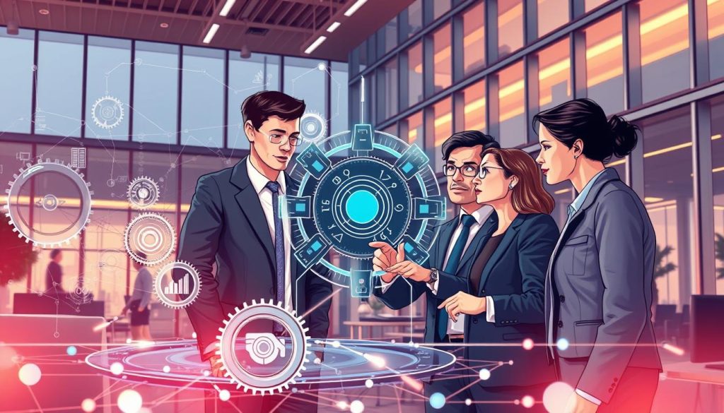 a highly detailed digital illustration of a business integration concept, showcasing a seamless blend of technology and industry expertise. in the foreground, a group of professionals in formal attire collaborate around a holographic display, their expressions intent as they analyze complex data visualizations. the middle ground features a network of interconnected gears, cogs, and circuitry, representing the technical foundations that power the business integration process. in the background, a sleek, modern office environment with floor-to-ceiling windows provides an atmospheric setting, bathed in warm, diffused lighting that creates a sense of professionalism and innovation. the overall composition conveys the harmony between technical acumen and business strategy, essential for thriving in today's competitive landscape.