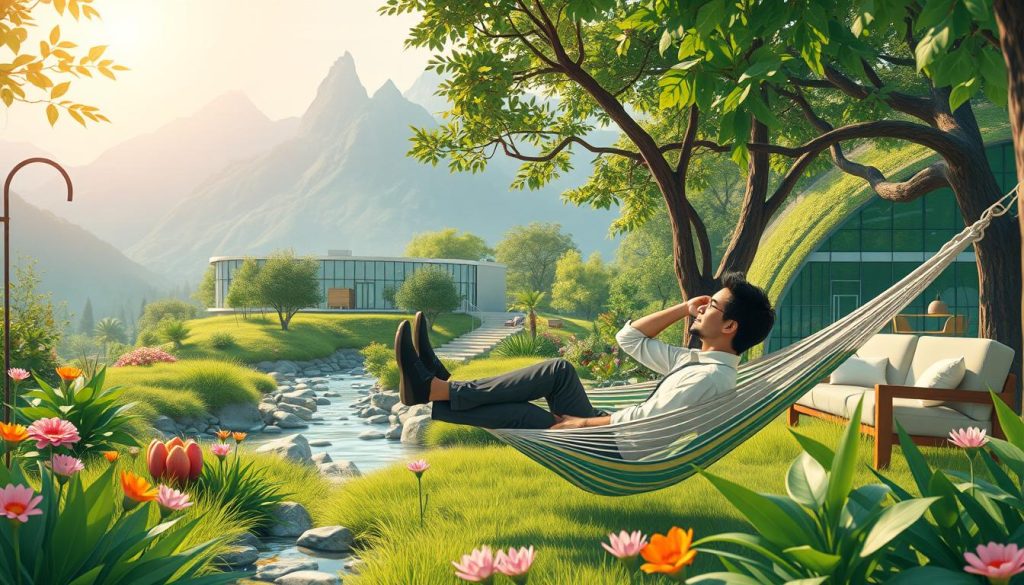 a highly detailed digital illustration of a business person enjoying various employee benefits and perks in a natural outdoor setting. The foreground depicts the person relaxing in a comfortable hammock, surrounded by lush greenery and natural elements like flowers, leaves, and a tranquil stream. The middle ground showcases various workplace benefits like a healthy lunch, a fitness area, and a cozy lounge space with plush furniture. The background depicts a modern, eco-friendly office building nestled within a picturesque natural landscape, with mountains and a bright, sun-dappled sky in the distance. The overall composition and lighting create a serene, rejuvenating atmosphere, highlighting the advantages of a flexible, nature-oriented work environment.