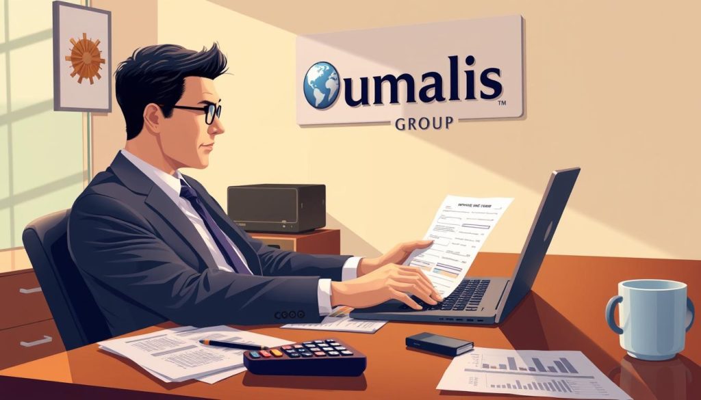 a highly detailed, photorealistic digital illustration of a person sitting at a desk, using a laptop and reviewing retirement investment options. The person is wearing a suit and tie, suggesting a professional setting. The desk is cluttered with financial documents, a calculator, and a cup of coffee, conveying a sense of focus and concentration. The background features the Umalis Group logo prominently displayed on the wall, indicating the professional context. The lighting is soft and natural, with warm tones that create a calming atmosphere. The overall scene captures the essence of "Optimizing Your Retirement Savings Options" in a visually engaging and informative manner.
