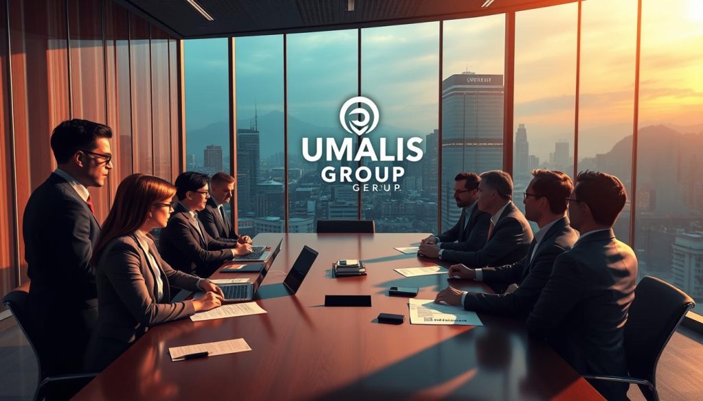 a highly detailed, realistic, and cinematic digital illustration of a collective bargaining agreement or "convention collective" in a corporate office setting, with a group of professional business people in formal attire gathered around a large conference table, engaged in a serious discussion or negotiation, with a laptop, documents, and other office supplies visible on the table, a large window overlooking a modern city skyline in the background, warm and directional lighting from above creating dramatic shadows and highlights, a sense of tension and importance in the atmosphere, the UMALIS GROUP logo prominently displayed on the wall or table