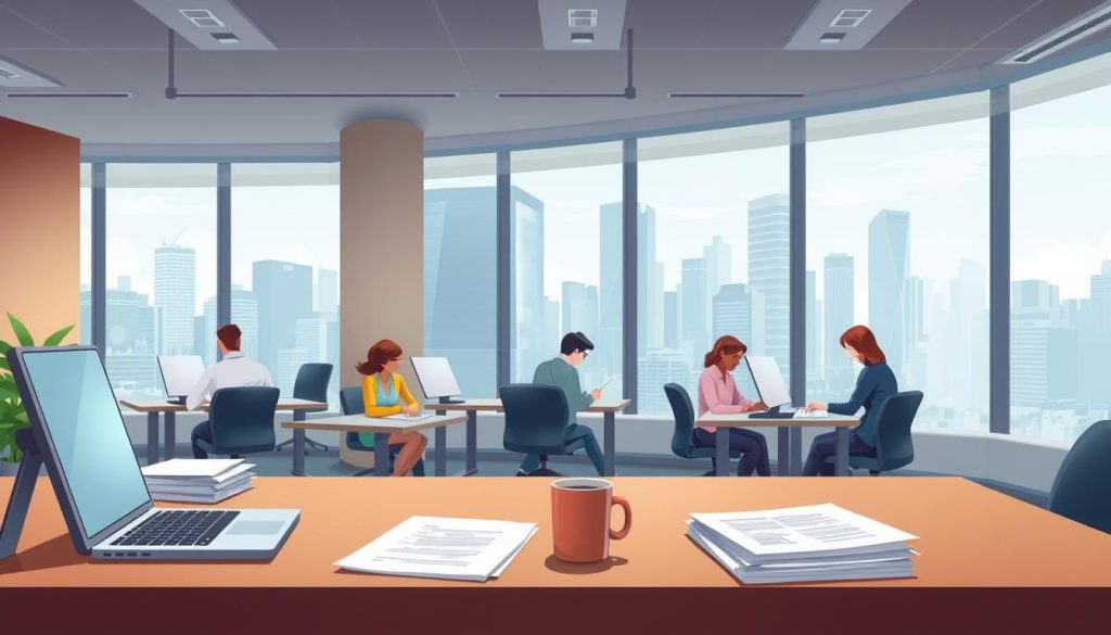 a professional office interior with a large desk in the foreground, a laptop computer, a coffee mug, and a stack of papers arranged neatly. in the middle ground, several employees seated at desks, engaged in discussion and filling out forms. the background features floor-to-ceiling windows overlooking a bustling city skyline, with soft, diffused natural lighting filtering in. the overall atmosphere is one of focused productivity and collaborative energy, conveying the importance of employee satisfaction surveys in maintaining a thriving workplace.