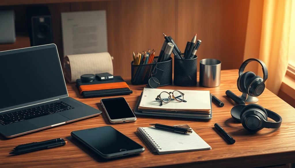 a professional still life composition of a variety of high-quality tools and equipment commonly used by freelance professionals, arranged on a wooden desktop or workbench in a warm, well-lit studio setting. the tools should include a laptop or tablet, a smartphone, pens and pencils, a notebook, a stylish desk organizer, a pair of high-end noise-cancelling headphones, and other neatly arranged office and creative accessories. the lighting should be soft and natural, with a slight directional emphasis to create depth and texture. the overall mood should convey a sense of focused productivity, creativity, and the trappings of a modern, well-equipped freelance workspace.