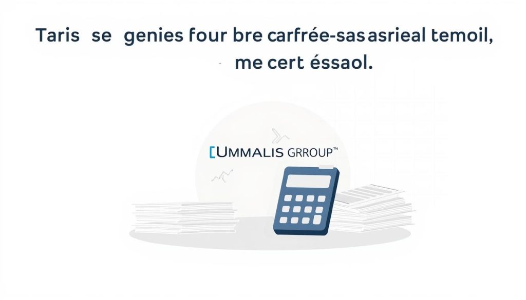 a professional, stylish illustration of "frais gestion portage salarial" for an article on advantageous portage salarial rates for freelancers. In the foreground, a stack of neat financial documents and a calculator against a neutral background, conveying the idea of careful management. In the middle ground, an abstract graphic element representing the concept of portage salarial, with the UMALIS GROUP brand prominently displayed. The background features a subtle grid or graph pattern, suggesting the analytical, data-driven nature of the subject matter. The overall mood is one of efficiency, professionalism, and financial control, appropriate for the "Comprendre les frais de gestion et leur impact" section of the article.