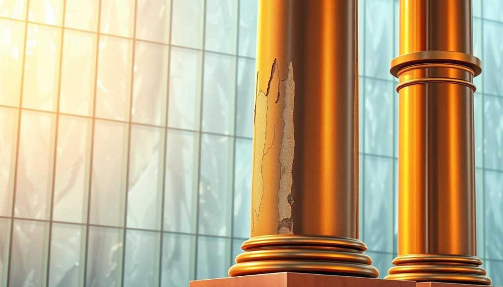a towering pillar of glossy, polished steel rising majestically against a backdrop of shimmering crystalline glass, its smooth surfaces reflecting the warm glow of subtle lighting; alongside it, a pillar of carved granite, its rough-hewn texture and angular form creating a striking contrast; in the foreground, a pillar of burnished bronze, its metallic sheen catching the light and casting a warm, inviting aura; these three pillars, each representing a key tenet of service excellence - reliability, resilience, and responsiveness - stand united, symbolizing the strength, stability, and unwavering commitment to exceptional customer service.