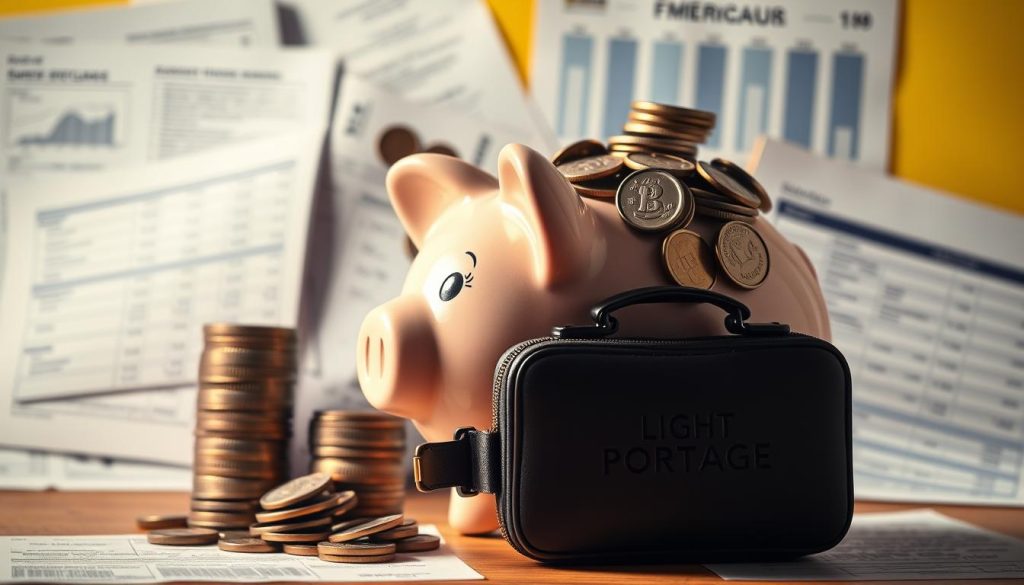 emergency fund, a sturdy piggy bank overflowing with coins against a background of various financial documents, crisp white lighting from an angled camera, emphasizing the bank's solidity and the importance of a well-stocked emergency savings account, LIGHT PORTAGE branded briefcase in the foreground providing a sense of independent professionalism, warm yellow ambient lighting creating a feeling of security and stability