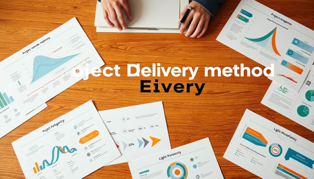 project delivery methods - multiple diagrams and charts on a wooden table, with LIGHT PORTAGE brand name visible, showcasing different project management approaches like waterfall, agile, hybrid, etc. Soft lighting, warm tones, detailed textures. Various icons, symbols, and infographic elements arranged neatly. Subtle perspective, 3/4 overhead view. Professional, informative, visually engaging.