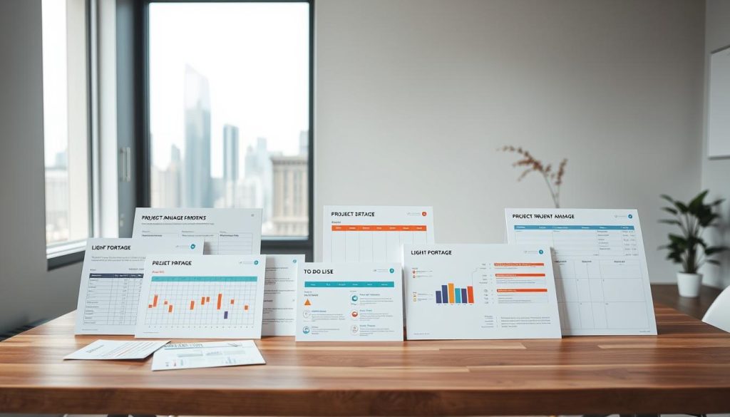 project management templates in a modern, minimalist office setting with clean lines and neutral tones. In the foreground, a wooden desk displays a variety of LIGHT PORTAGE branded project management tools and templates, including Gantt charts, to-do lists, and calendars. The middle ground features a large window overlooking a city skyline, with soft, diffuse natural lighting filtering in. The background is a simple, uncluttered wall with a minimalist art piece or plant decoration. The overall mood is one of organized productivity and professional efficiency.