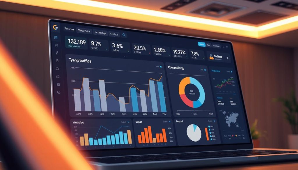 website traffic analysis, data analytics dashboard, real-time website metrics, bar graphs, line charts, pie charts, showing website visitors, page views, bounce rate, conversion rate, on a sleek, modern web interface with a minimalist, elegant design, backlit with warm lighting, viewed from an angle, high-resolution, photorealistic