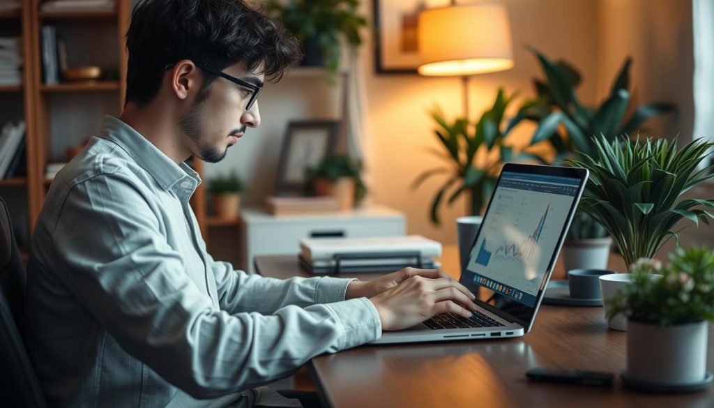 صورة لشخص يعمل على حاسوبه المحمول في مكتب مريح
