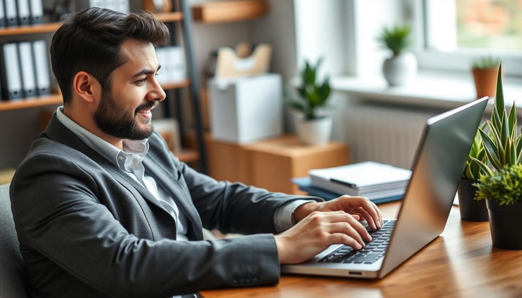 صورة لمهني مستقل يعمل على حاسوبه المحمول مع شاشة تعرض استراتيجية تسويقية